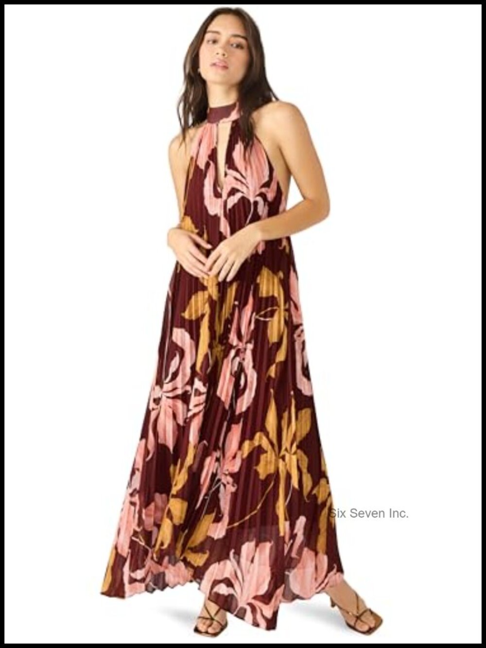 Floral Halter Maxi Dress Sleeveless Tie Neck Zipper Back
